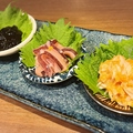 料理メニュー写真 珍味3種盛り(イカの麺漬け、イカの黒漬け、梅水晶)