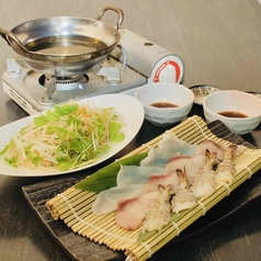 【名物】天草　海しゃぶ　（車海老・鰤・とらふぐ）各4貫＋千切り野菜/2名様用