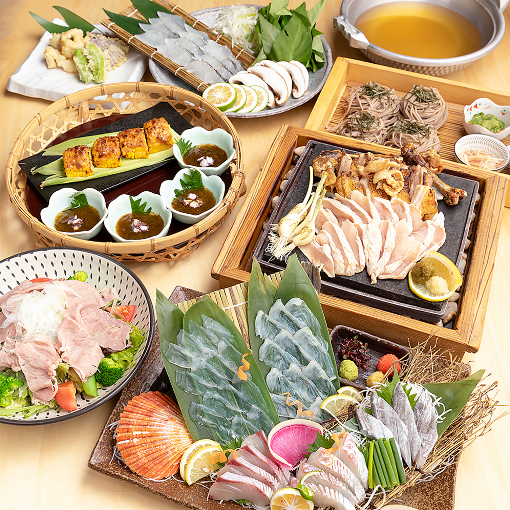 名物食べ尽くしコース6,600円 (税込) カワハギ、ヒラマサと豊後鮮魚刺し、冠地どりも!