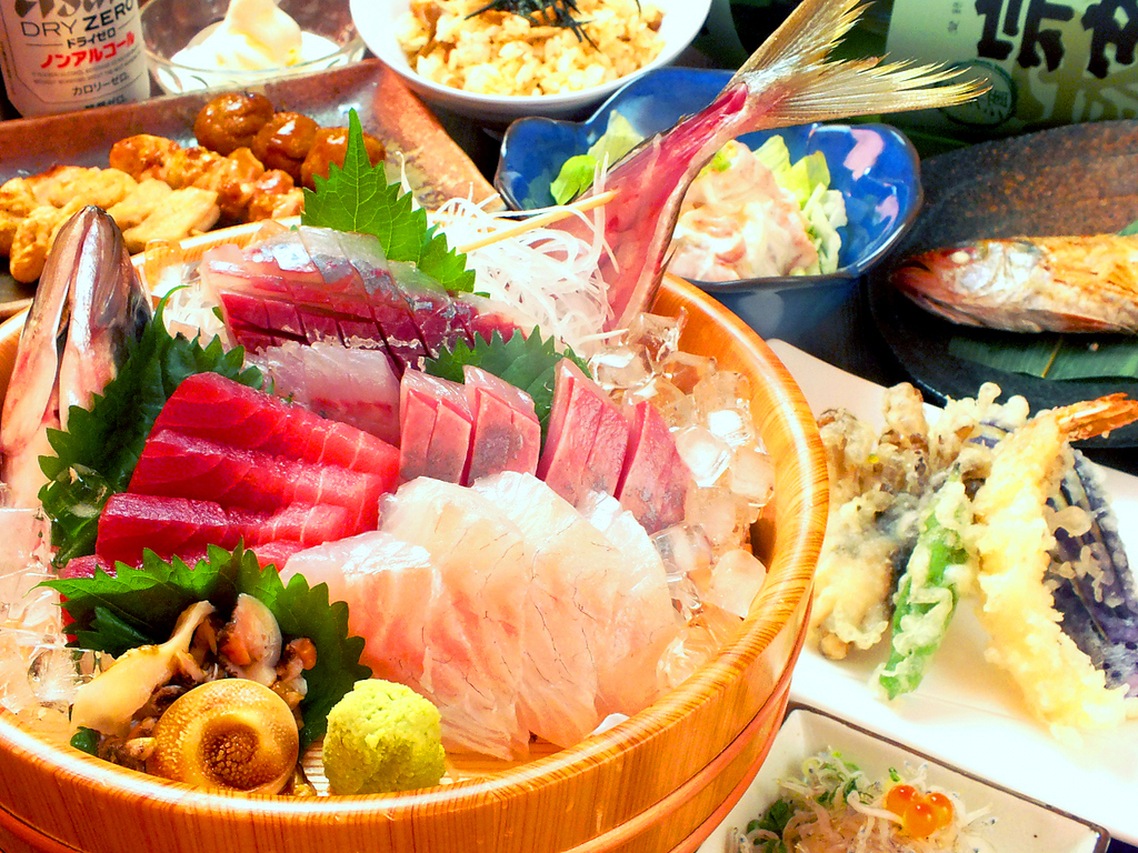 豪華お刺身盛合せ付き飲み放題コースも◎旨い料理に舌鼓。