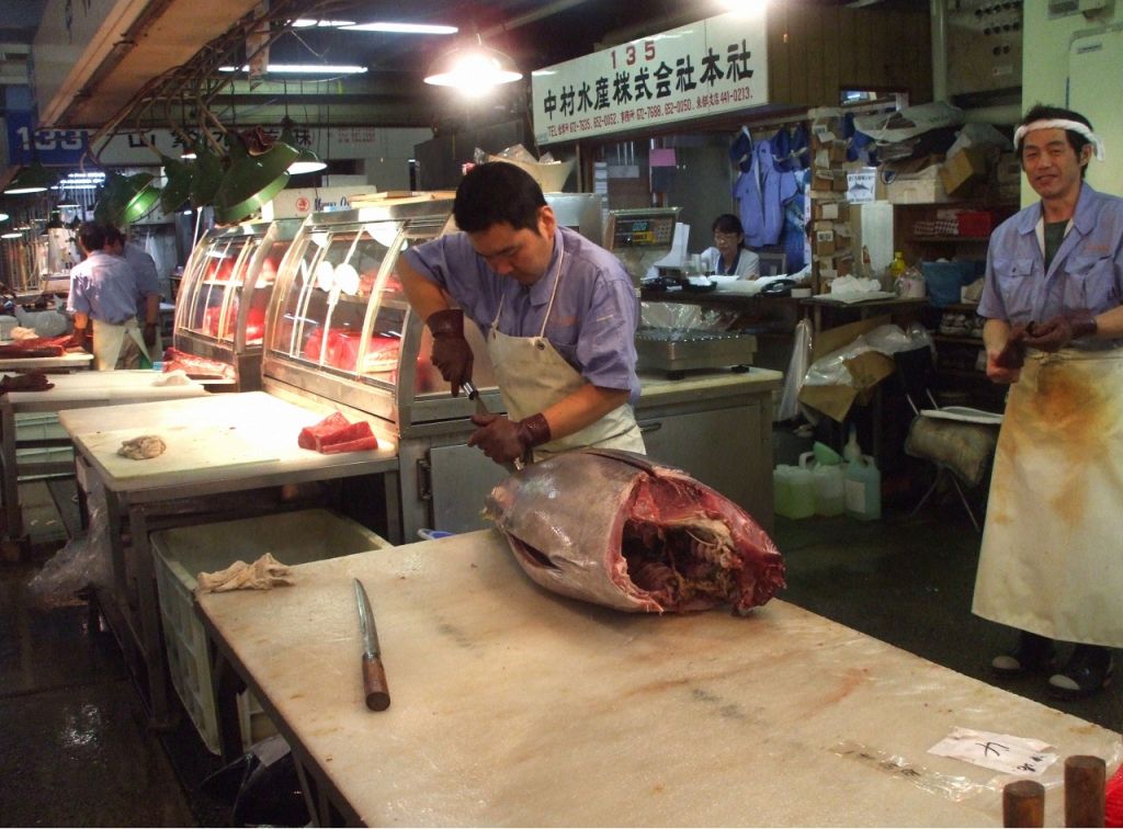 おっと、市場を歩き回っていると…まぐろの解体!!あの美味しい鮪も、もともとはこんなにでかい。
