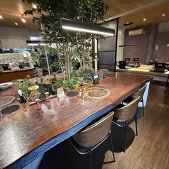 中央には緑が広がり、まるで森の中にいるような落ち着いた空気が魅力です。広々としたカウンターで、おひとり様やデートにも使いやすく、ゆっくり会話を楽しめる雰囲気です。