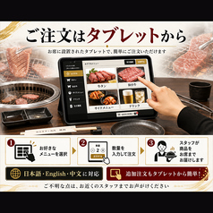 各テーブルにタブレット端末を設置したテーブルオーダー制を導入しております。店員を呼ばずに、ご自身のペースで牛タンや仙台牛など食べ放題メニューをその都度追加注文いただけます。食べ放題時間終了20分前がラストオーダーとなりますので、ご了承ください。※食べ放題のお時間＝お席時間となります。