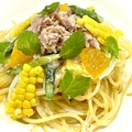 料理メニュー写真&nbsp;ツナとアスパラとコーンとオレンジのクリームソース　ミント風味