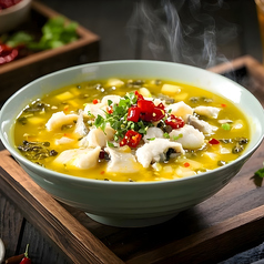 高菜と白身魚のサンラー煮込み/大海老の漁師風 スパイス揚げ 4尾