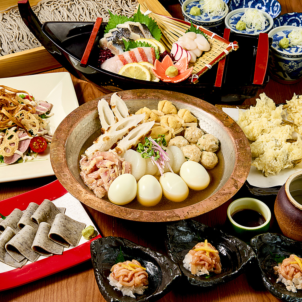 旬の料理と自慢の蕎麦が楽しめる宴会コースを多数ご用意。全てのコースの〆には自慢のお蕎麦付き！