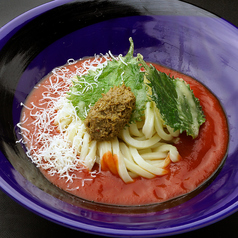 【温】カニ味噌トマトうどん大葉の天ぷら乗せ