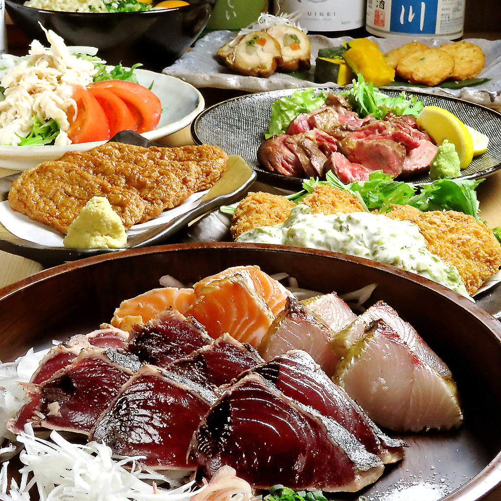 人気No.1★藁焼き2種、ステーキ、チーズカツなど全7品『堪能コース』生ビール含2時間飲放付5000円