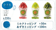 かき氷(いちご、メロン、抹茶)