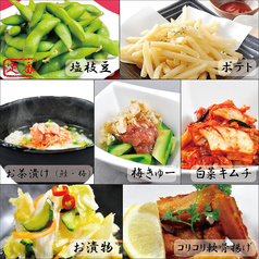 塩枝豆/ポテト/梅きゅー/お茶漬け(鮭、梅、しらす)/白菜キムチ/お漬物/コリコリ軟骨揚げ