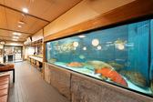 店内に設置された大型いけす。活きの良い魚を間近に眺めながら、鮮度抜群の寿司と海の恵みをご堪能いただけます。旬の味覚を五感で楽しめる、栄寿司ならではの魅力です。