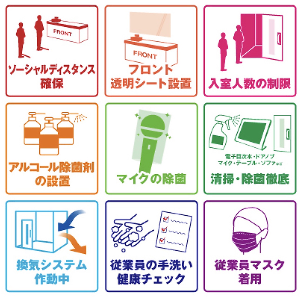 感染対策実施中！表記の９つの取り組みで安心安全にお楽しみいただけるよう工夫しております。