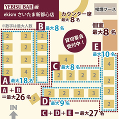 【店内図◆1名様～最大80名様】カウンター席・テーブル席・BOX席・個室をご用意。人数に合わせてお席をご用意いたします。最大27名様までお席をご用意可能です。貸切では『着席：40～64名様』『立食：最大80名様』までご利用いただけます。ご予約、お問い合わせはお電話にてお願い致します。