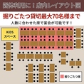 【レイアウト図】団体様大歓迎！大人数でのお集まりは当店におまかせください！当店では、少人数から大人数の団体様まで、人数に合わせたお席で各種宴会が可能です！足を伸ばしてゆったりくつろげる人気の掘りごたつ席は、最大70名様までの貸切にも対応。広々とした空間で、皆様で楽しいひとときをお過ごしください。