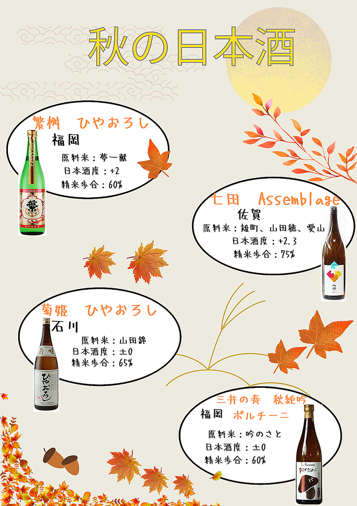秋のお酒入荷しております。日本酒好きの方にとっておきのお酒をご用意しております。
