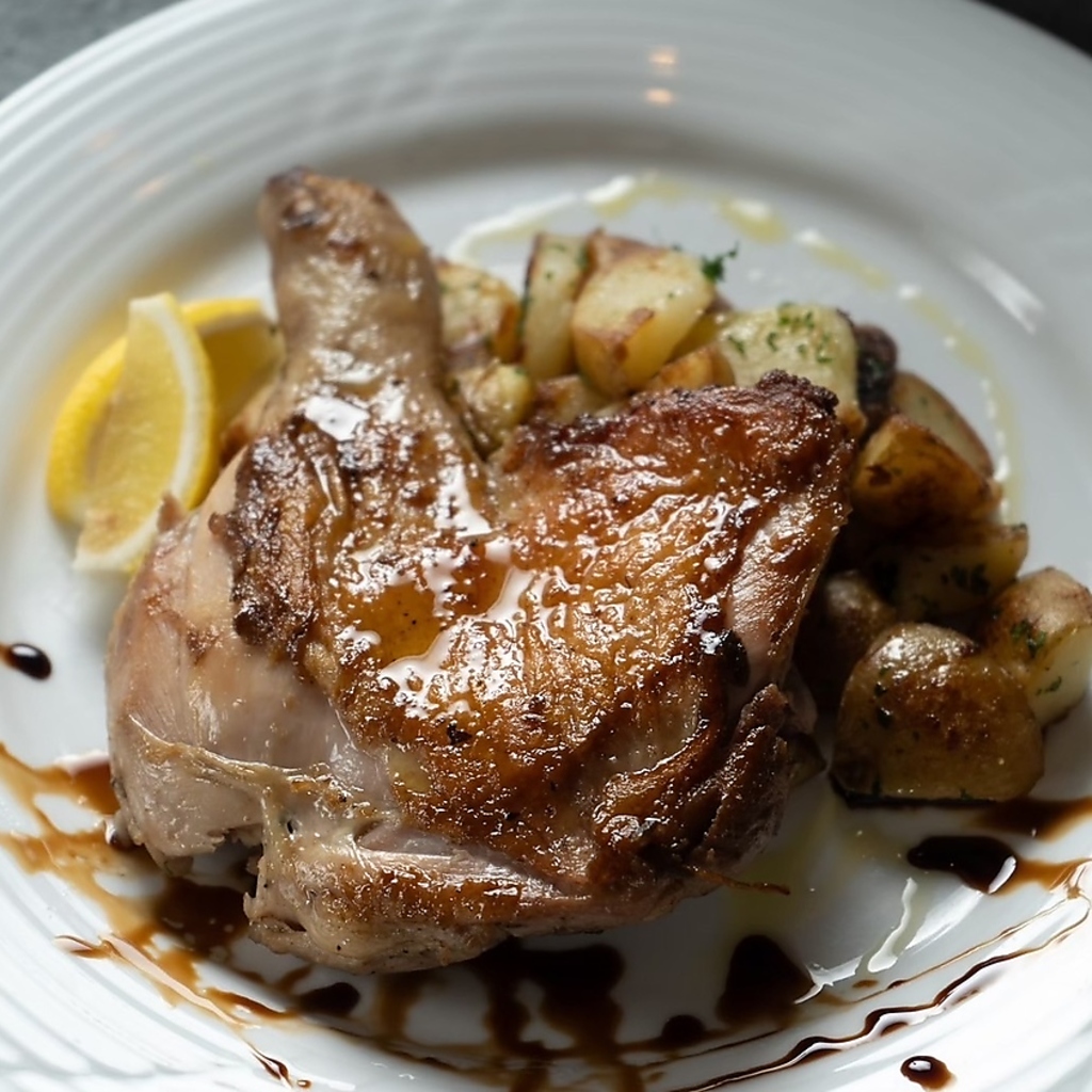 愛知のブランド『名古屋コーチン』。じっくりコンフィにした肉質は柔らかくジューシー◎