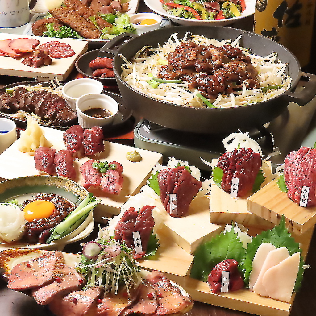 馬肉ジンギスカンやステーキを含む馬肉尽くしの全9品コース。120分飲み放題付で5000円(税込)です。