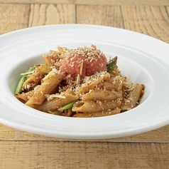 博多明太子とアスパラガス、ブロッコリーラグーのペンネアラビアータ