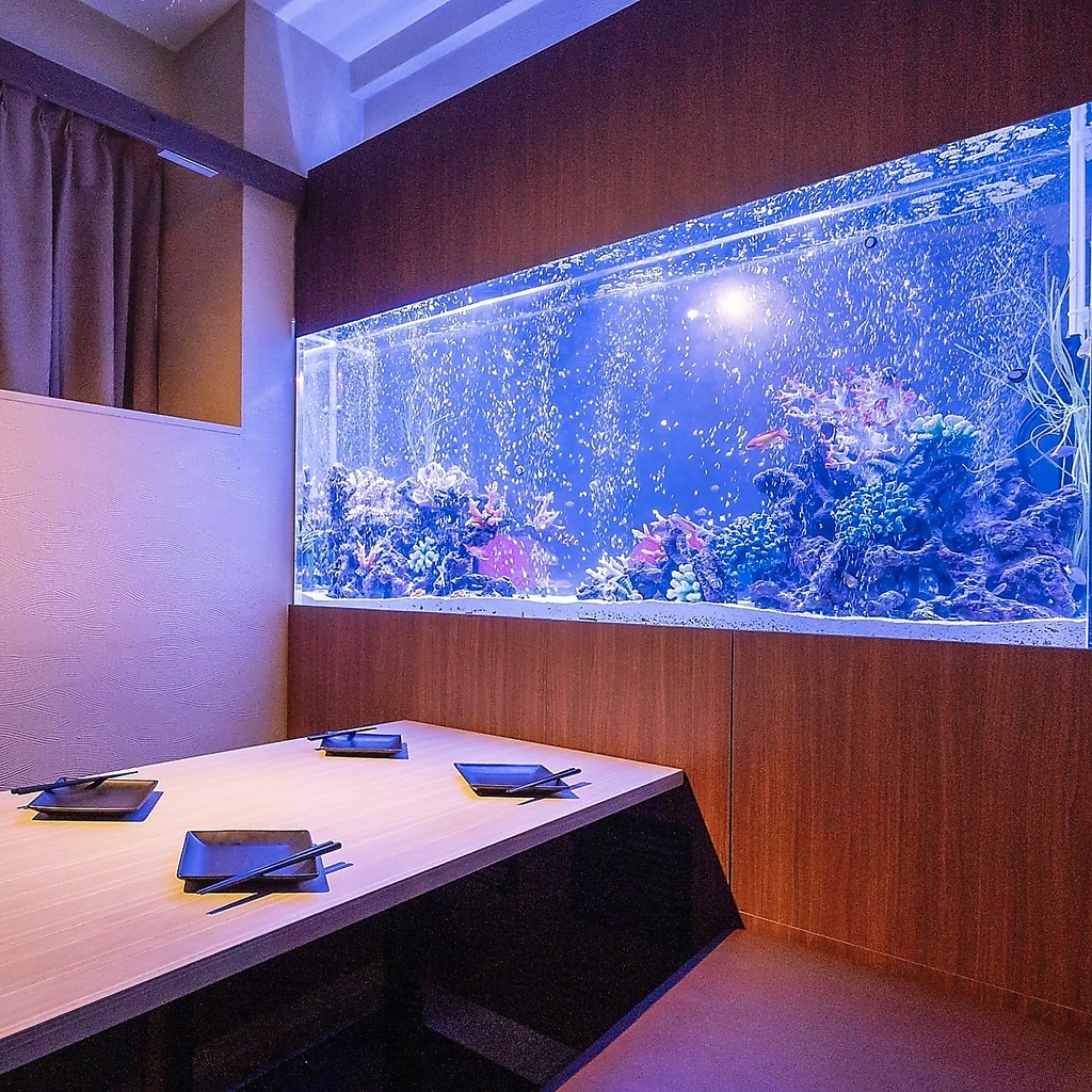 ライトアップされた巨大水槽は、まさに海の中にいるような非日常感と神秘的な雰囲気を味わえます。