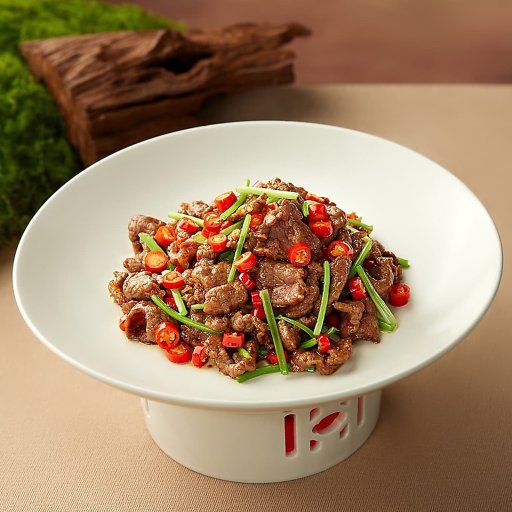 強火で一気に仕上げた看板の香ばし炒め牛肉。ジューシーな肉の旨味とお酒の相性は最高に抜群です。