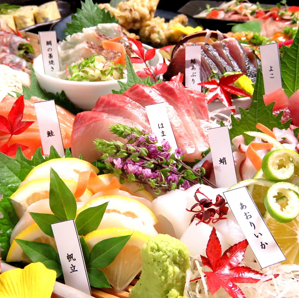 季節食材をふんだんに使ったお造りは、様々なお客様に大好評！"お造り8種盛り"付き飲放コース5000円