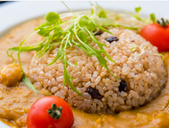 薬膳カレー(野菜とチキン)野菜は野菜ダシカレールー・チキンはハラル認定チキンを使用・ご飯は薬膳ご飯