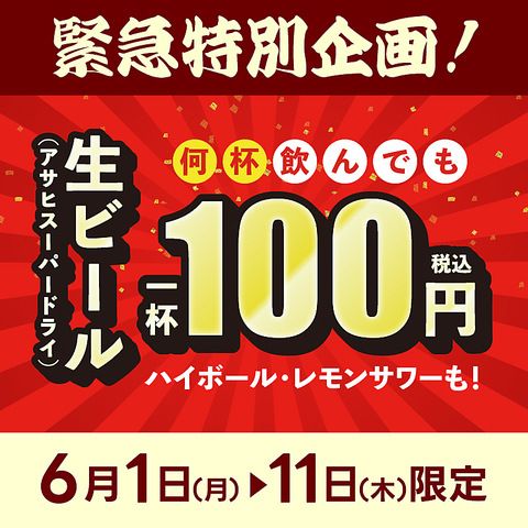 【個室完備　飲み放題単品】6月1日～11日まで生ビール、ハイボールレモンサワー100円