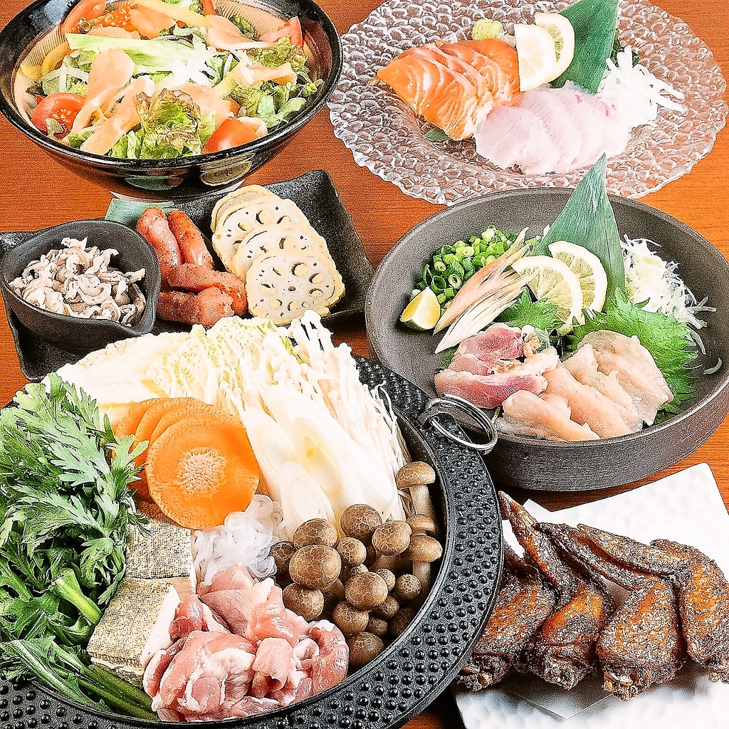 ご宴会に♪【鶏すき鍋食べ放題コース】宇佐の唐揚げ、〆さば等全9品◆2時間飲放付◆5500円