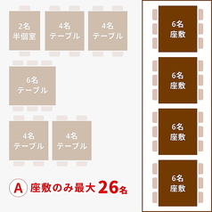 A：座敷席のみ最大26名様まで貸切可能です。