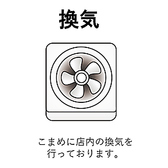 感染症対策のために、換気を徹底しております。約5分に１回店内の空気を総入れ替えできる空調、CO2センサー、加湿空気清浄機などを導入しております。