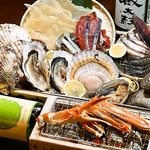 市場直送の新鮮な魚貝類(活ホタテ、カキ、エイヒレ、イカ一夜干し)を七輪で焼いたり炙ったり♪