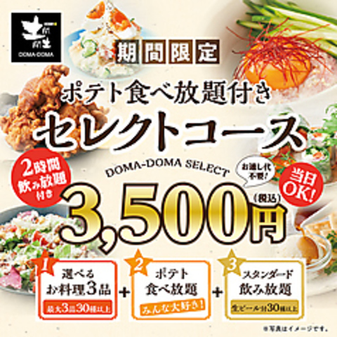 【セレクトコース】3500円(税込)選べるお料理3品＋2時間飲み放題＋ポテト食べ放題付き