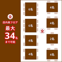 店内奥フロア貸切！最大34名様まで可能！