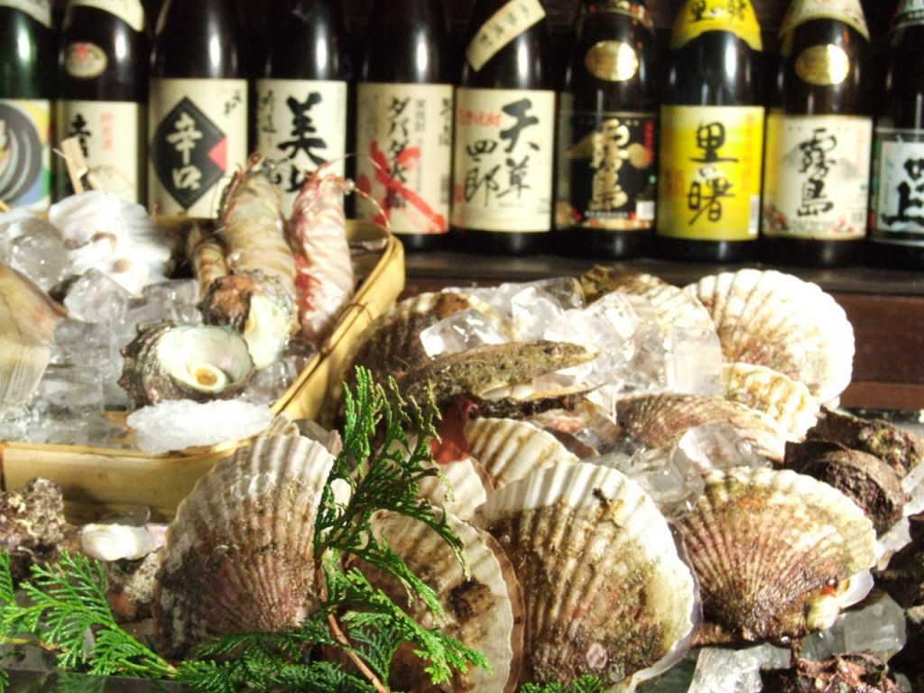 カウンターに並ぶ新鮮な素材【海鮮、串焼きetc】を目の前で炉ばたで焼いてくれます♪