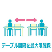2名様で4名テーブルを使用したり、大きな個室をご利用いただいたり、テーブル間隔をあけて、ソーシャルディスタンスを確保できるようにしております。