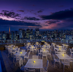 テラス席の東京タワー側。夕焼け空とライトアップされた東京タワーを一緒にご覧になれます。