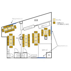 貸切の基本的な座席表です。着席は約80名で、皆さんと交流しやすい座席の配置になっています！半立食であれば最大100名も可☆