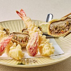 大海老の天婦羅と合鴨の松茸射込み揚げ