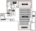 テーブル、イス完備 150席　収容可能(イスのみのレイアウト時) ステージの大きさ：幅7m × 奥行き 4m 客席の広さ：幅8m × 奥行き 12m テーブル：50個 座席：150席