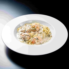 南高梅の国産海苔、ぷりぷり海老のクリームパスタ