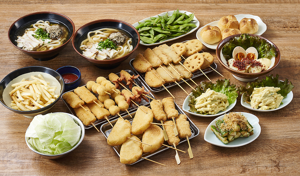 【串カツ田中コース】全9品◆飲み放題付4000円(税込)串カツ8種やキャベツにポテサラ、かすうどんなど