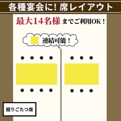 【パターン1】掘りごたつ個室(最大14名様)掘りごたつの完全個室は14名様まで対応可能です。2部屋の仕切りを無くせば最大22名様まで対応可能です。気の温もりを感じ、和の趣溢れる店内は落ち着いた雰囲気となっております♪各種シーズンの宴会に最適です!!