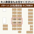 【店内のご案内／20名様前後のご利用に！】6名様掛けのテーブルを4卓組み合わせることで、20名様前後の中規模宴会にも対応可能です。各種宴会や打ち上げなど、様々なシーンでぜひご利用ください。