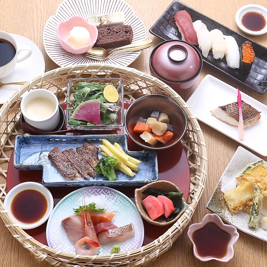 20周年記念！感謝の花かご会席。白老牛のステーキ、真鯛の幽庵焼き、厳選握り寿司、デザートプレート