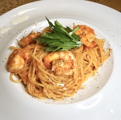 海老と水菜のトマトクリームパスタ