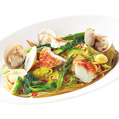 ハマグリと春野菜白身魚のペペロンチーノ