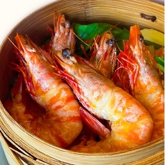 有頭海老と青梗菜のせいろ蒸し