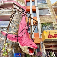 ピンクのサメが目印！