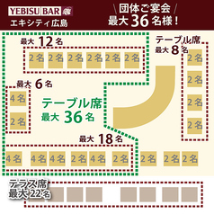 【19名以上はお電話でご予約ください！】全席56席！最大36名様のご宴会OKひとつのゾーンでOK◎最大18名様、最大12名様、8名様のテーブル席、カウンター席7席（最大2名様）、テラス席最大22席あり◎各種ご宴会に柔軟に対応いたします。