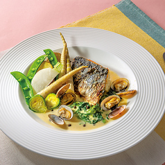 鰆のムニエルと春野菜～山椒クリーム仕立て～